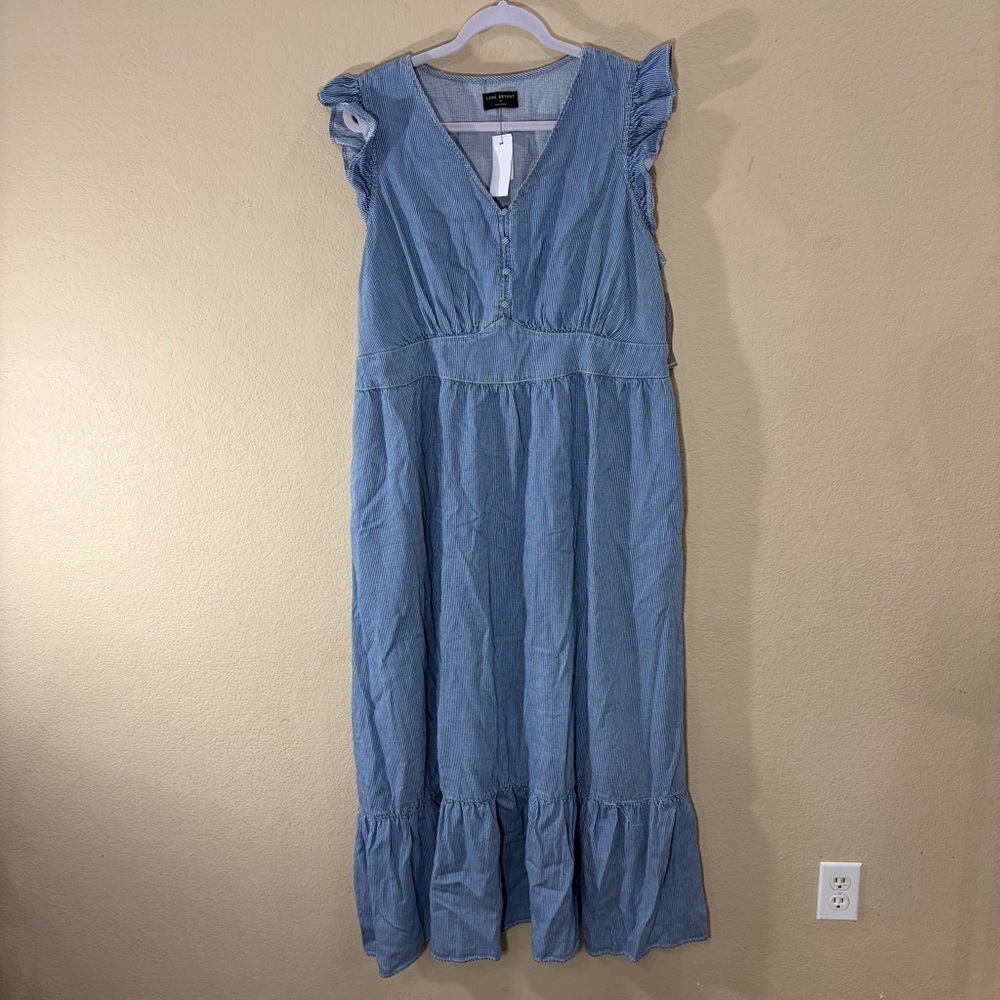 NWT Lane Bryant Dress “Denim” White Stripe Tiered Midi Dress Sz 18 Coastal Boho - Picture 2 of 11